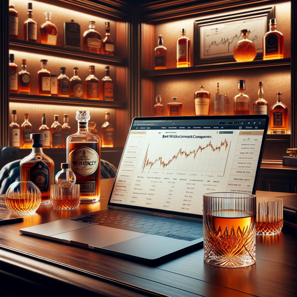 An opulent office with a polished wooden desk, where a high-end laptop displays a webpage on whiskey investments. A crystal glass of amber whiskey sits nearby. Prestigious whiskey bottles line shelves in the background, with a framed stock market chart on the wall, all under soft, warm lighting.