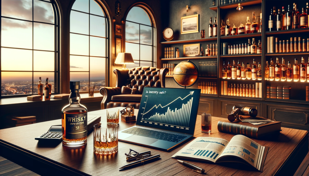 featuring a luxurious study with relevant elements like a high-end bottle of whisky, financial newspapers, and an investment growth graph