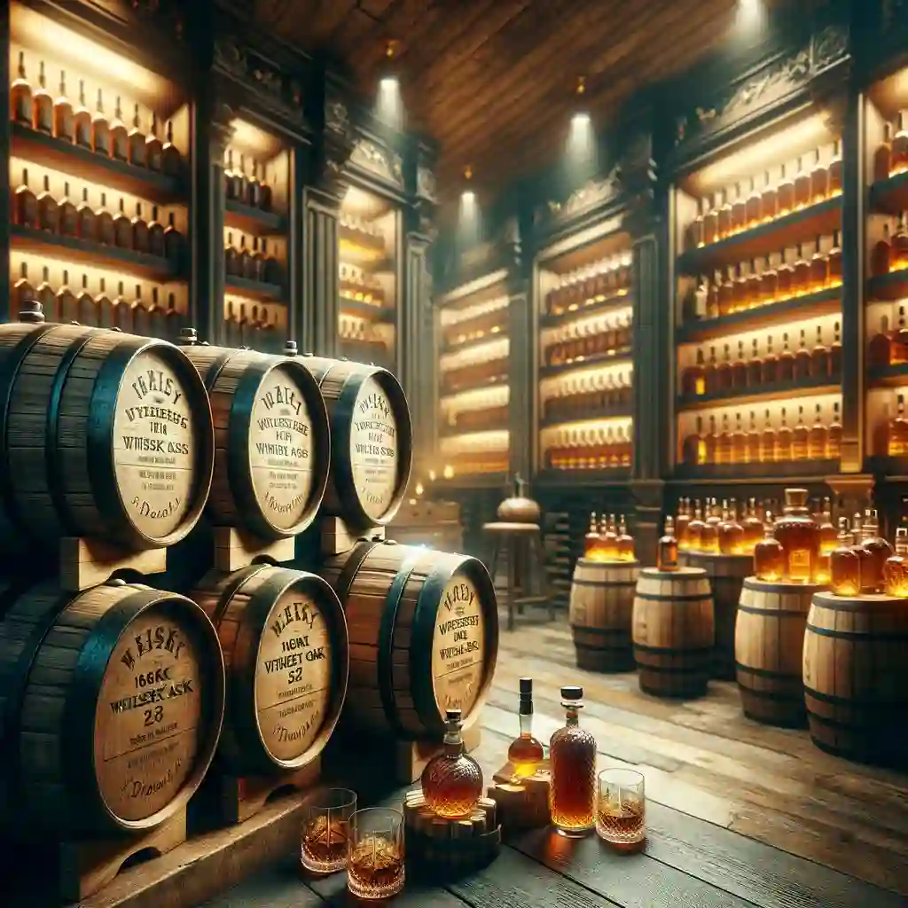 scene is set in a luxurious whiskey storage room, with oak whisky casks prominently displayed.