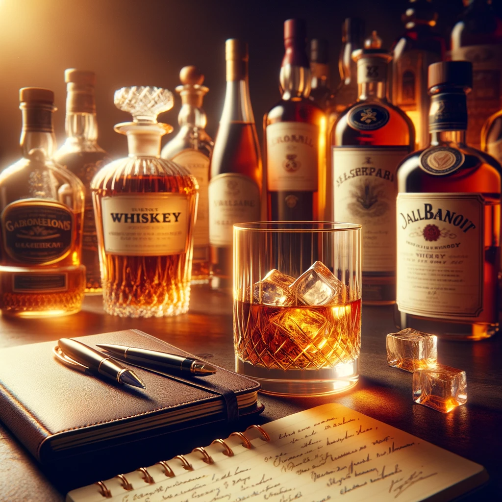 Cover for 'Investing in Whisky' blog post: Elegant whiskey glass, ice cubes, note-taking pen, notebook, and diverse whiskey bottles in a warm, luxurious setting.