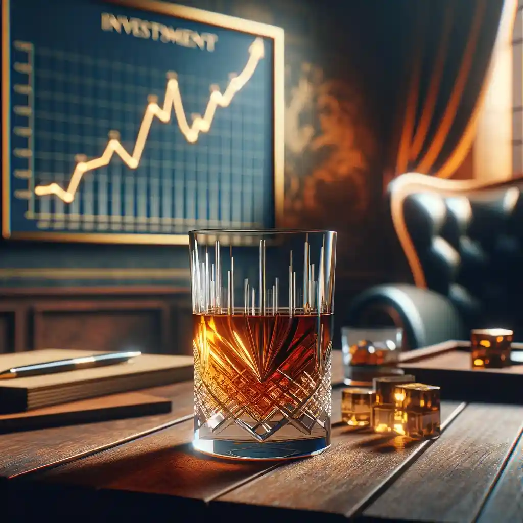 features a crystal glass of whiskey on a vintage wooden table with a background chart symbolizing the growth in whiskey investment.