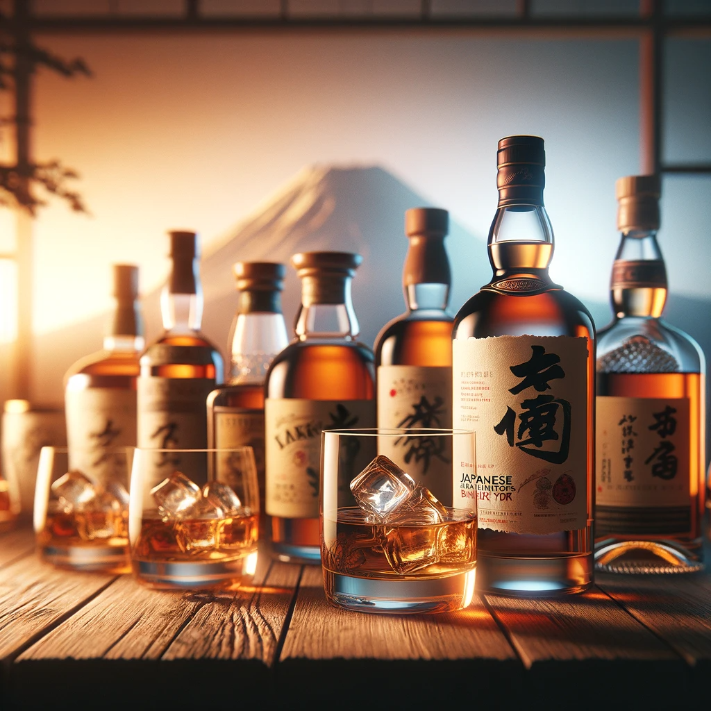 features an array of Japanese whiskey bottles on a wooden table, with whiskey glasses partially filled, one with ice cubes, and a subtle outline of Mount Fuji in the background