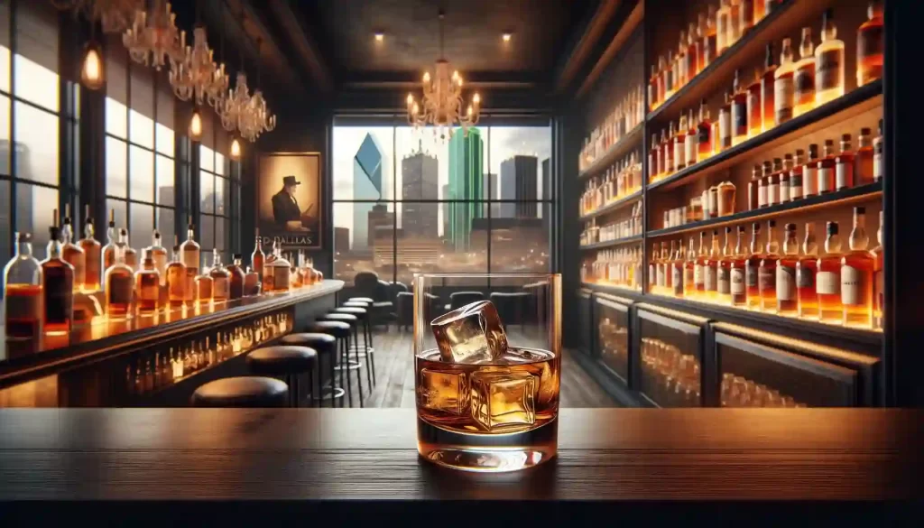 stylish bar setting with a variety of whiskey bottles and a prominent glass of whiskey in the foreground, all set against a backdrop subtly hinting at Dallas landmarks